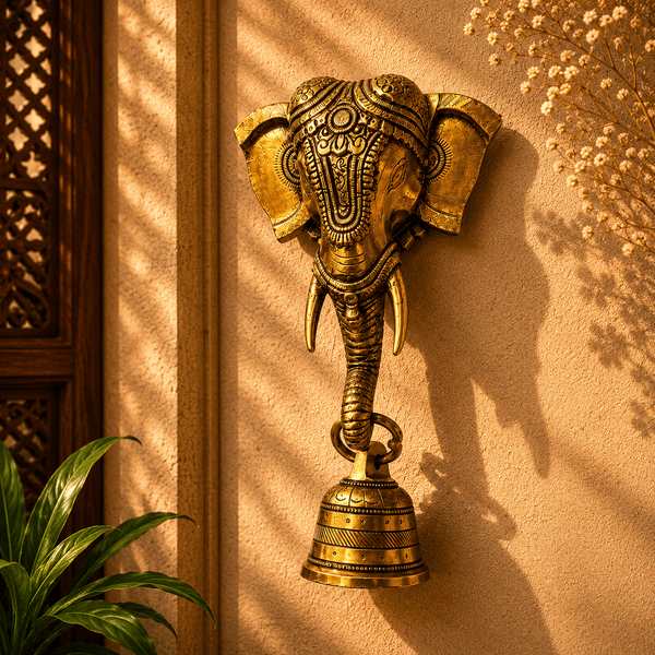 Dvara Gaja - Handcrafted Brass Elephant Head Wall Hanging with Bell · Engraved Trunk · Tusks · Antique Gold - Kanasu Artifacts