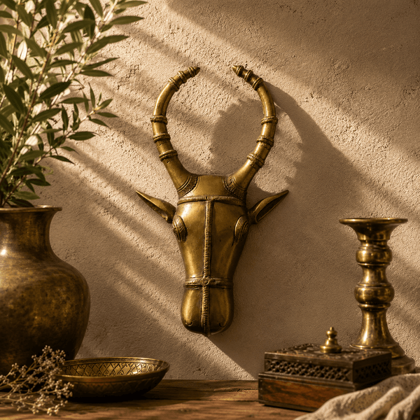 Nandi Mukha - Handcrafted Brass Bull Head Wall Hanging · Wide Curved Horns · Engraved · Antique Gold - Kanasu Artifacts