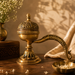 Dhoop Jali- Handcrafted Brass Incense Burner · Open-Work Jali Floral Dome · Peacock Handle · Lotus Pedestal Base