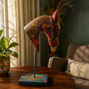 Ashwa Utsav- Hand-Painted Horse Head Sculpture on Stand · Multi-Tradition Folk Art · Crimson & Cobalt · One of a Kind