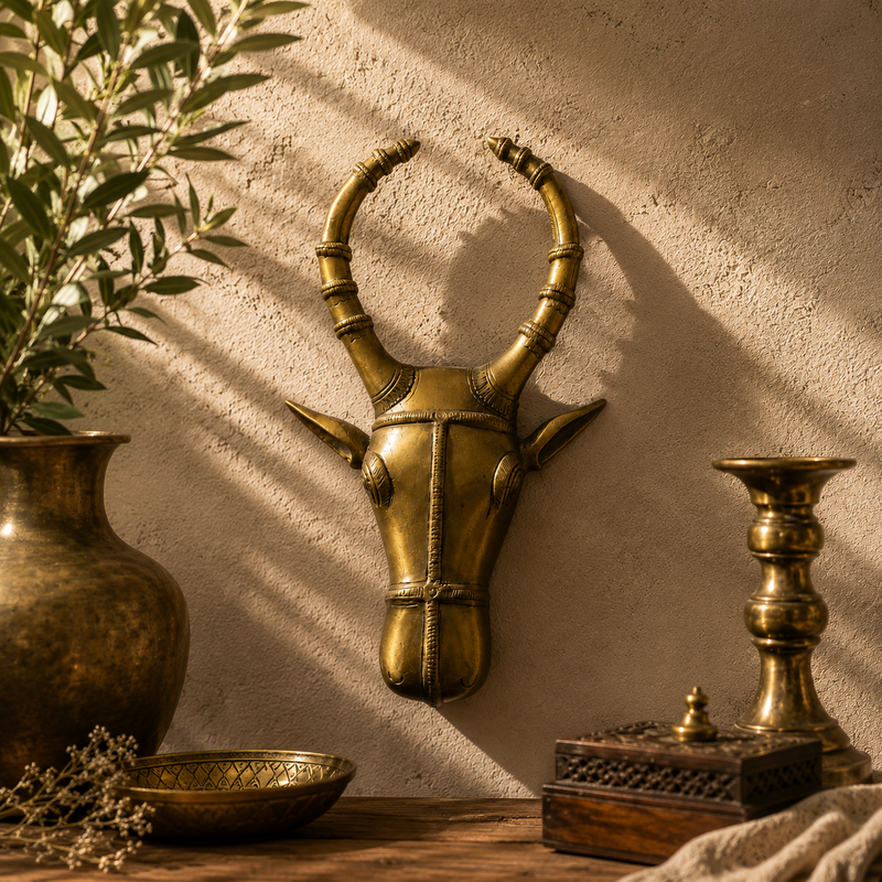 Nandi Mukha - Handcrafted Brass Bull Head Wall Hanging · Wide Curved Horns · Engraved · Antique Gold