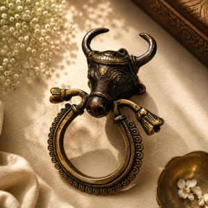Nandi Dvara - Handcrafted Brass Nandi Bull Door Knocker · Engraved Head · Beaded Ring Pull · Antique Gold