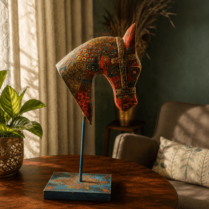 Ashwa Utsav- Hand-Painted Horse Head Sculpture on Stand · Multi-Tradition Folk Art · Crimson & Cobalt · One of a Kind - Kanasu Artifacts