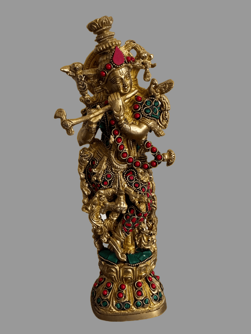 Brass Krishna Statue with Stonework - 10" - Kanasu Artifacts