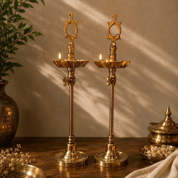 Chavi Villaku - Handcrafted Brass Tall Standing Oil Lamp Pair · South Indian Tradition · Petal Bowl · Finial Crown · Set of 2 - Kanasu Artifacts