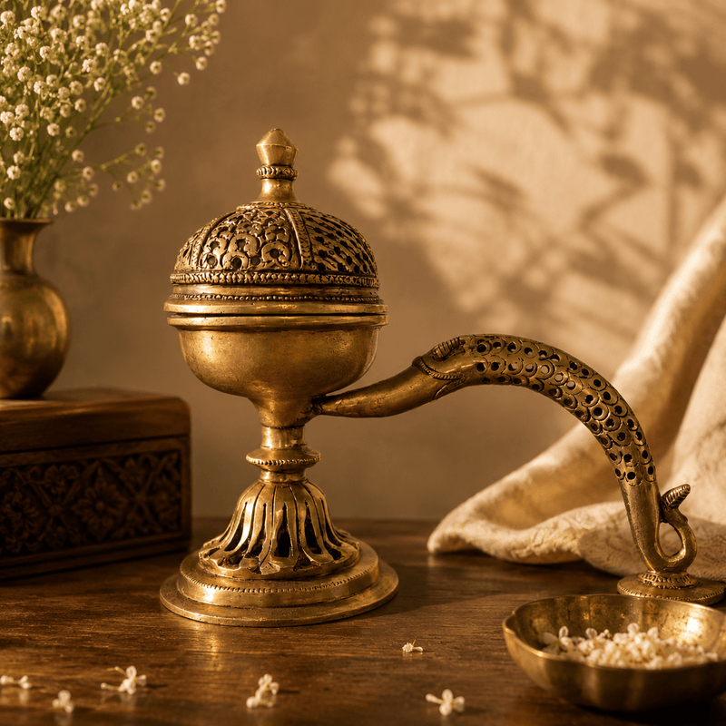 Dhoop Jali- Handcrafted Brass Incense Burner · Open-Work Jali Floral Dome · Peacock Handle · Lotus Pedestal Base - Kanasu Artifacts