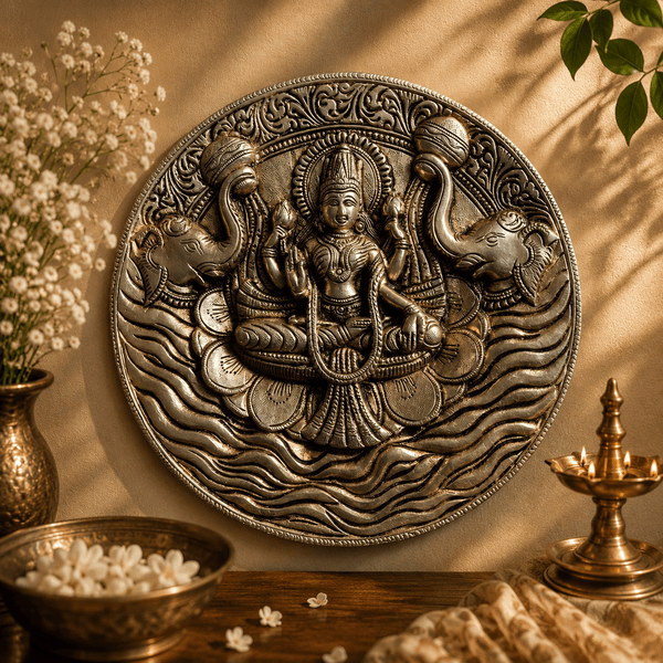 Gajalakshmi Chakra - Brass Wall Plate · Gajalakshmi Consecrated by Elephants · Cosmic Ocean - Kanasu Artifacts