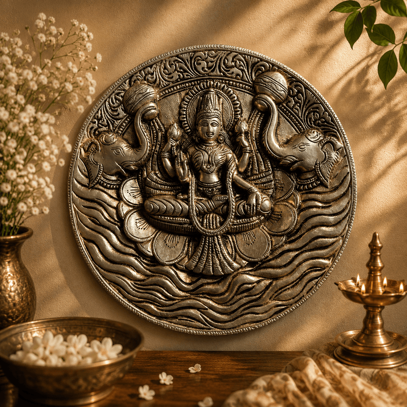 Gajalakshmi Chakra - Brass Wall Plate · Gajalakshmi Consecrated by Elephants · Cosmic Ocean - Kanasu Artifacts