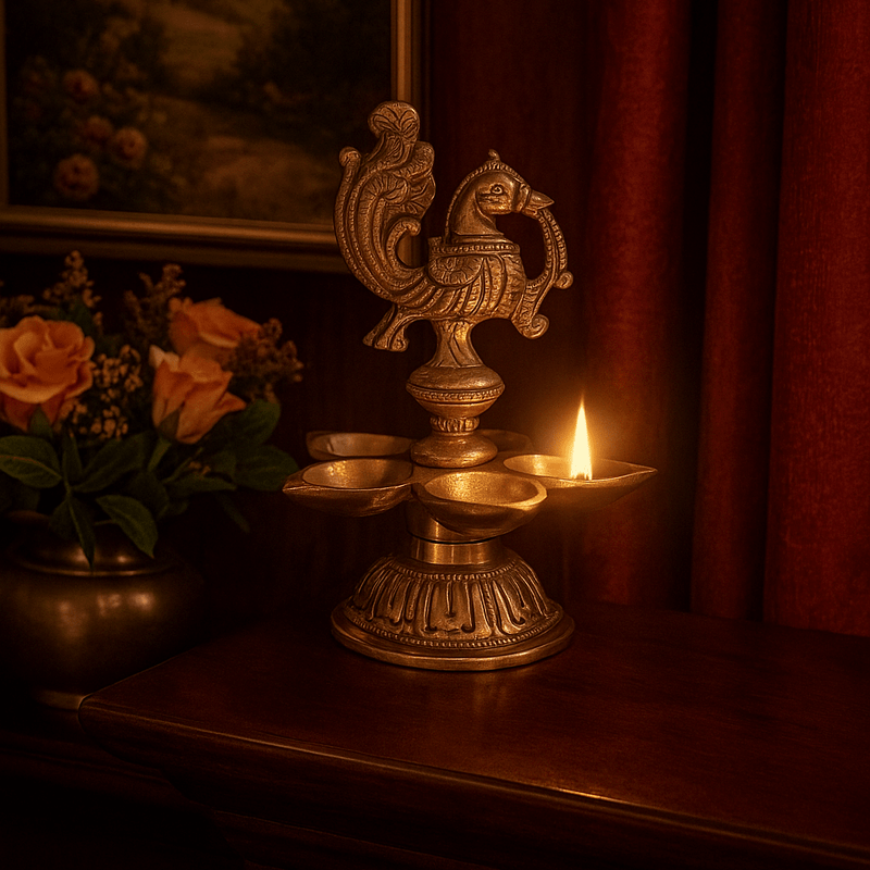Majestic Peacock Brass Diya - Kanasu Artifacts