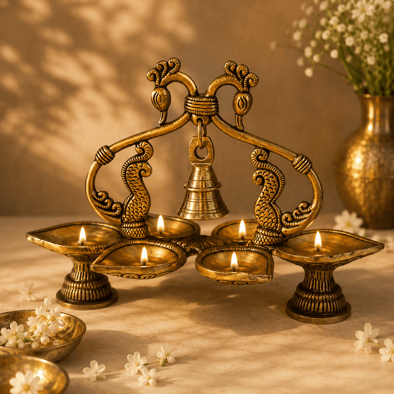 Mayura Pancha Deepa - Handcrafted Brass Five-Flame Oil Lamp · Double Peacock Arch · Suspended Bell · Antique Gold - Kanasu Artifacts