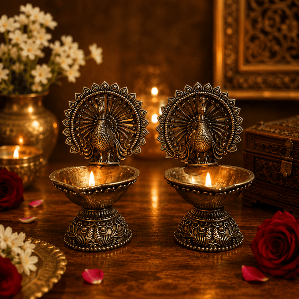 Mayuri Deepam — Peacock Brass Oil Lamp | Set of 2 - Kanasu Artifacts