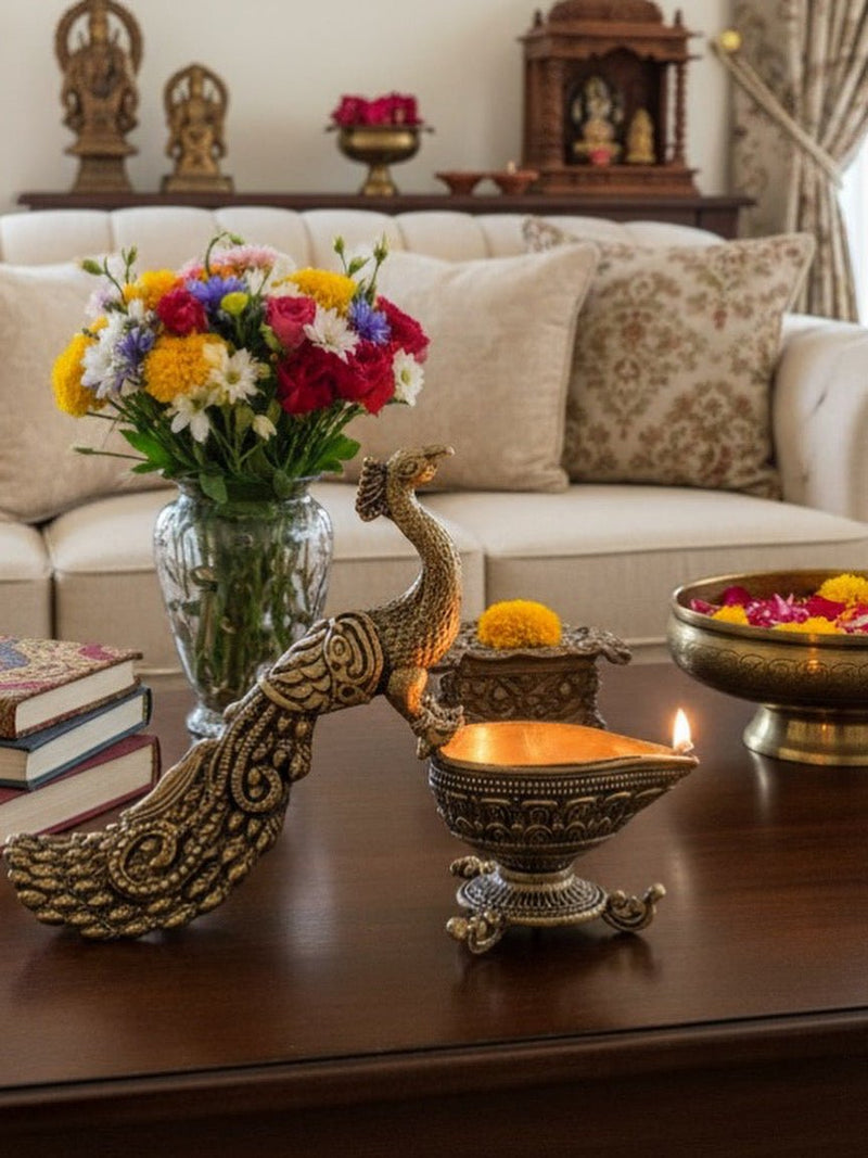 MORRA FLAME – Sculpted Peacock Brass Diya - Kanasu Artifacts