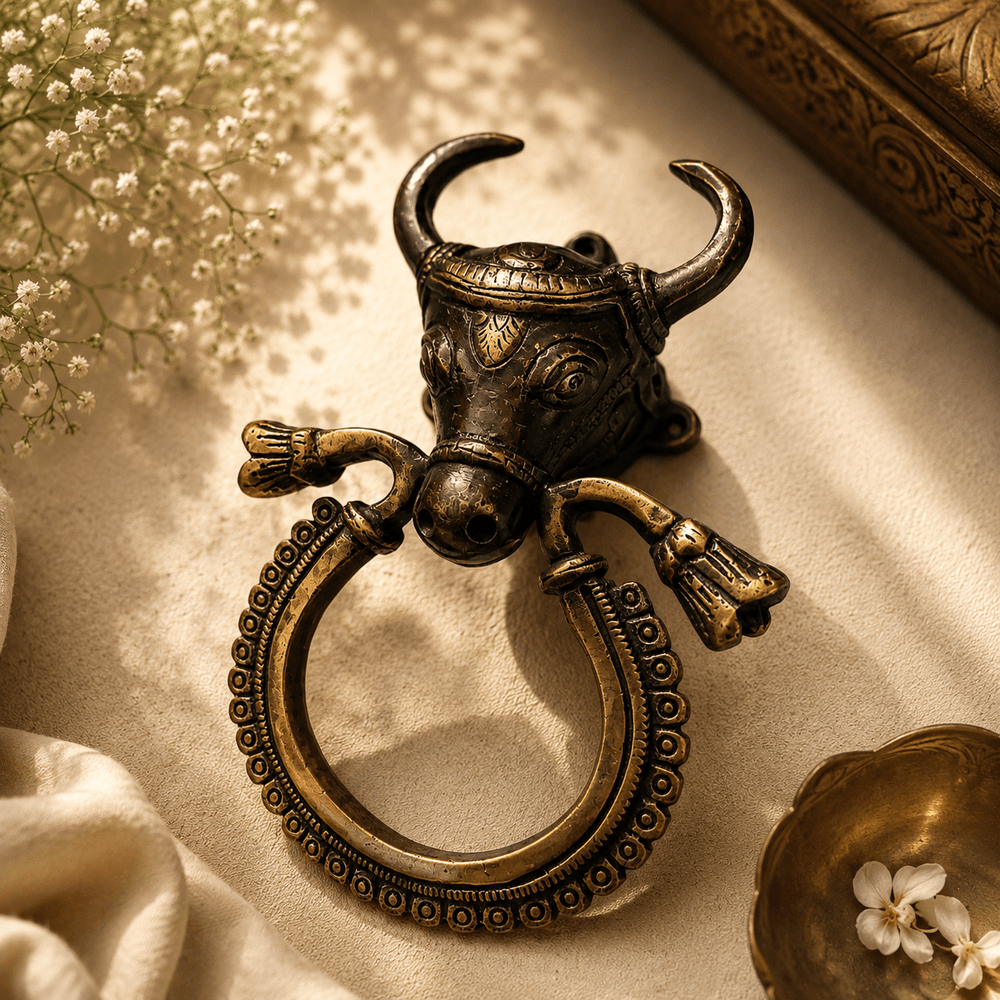 Nandi Dvara - Handcrafted Brass Nandi Bull Door Knocker · Engraved Head · Beaded Ring Pull · Antique Gold - Kanasu Artifacts