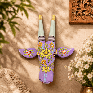 Nandi Pushpa — Lavender Hand - Painted Wooden Bull Head Wall Mount - Kanasu Artifacts