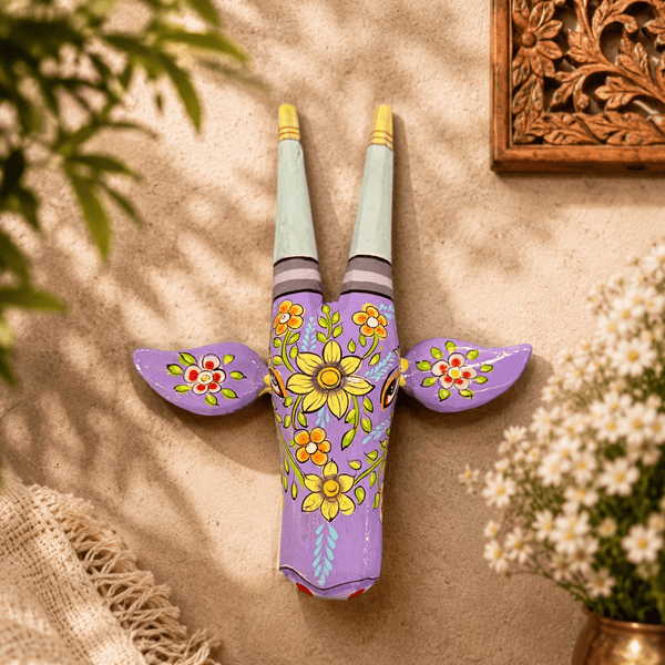 Nandi Pushpa — Lavender Hand - Painted Wooden Bull Head Wall Mount - Kanasu Artifacts
