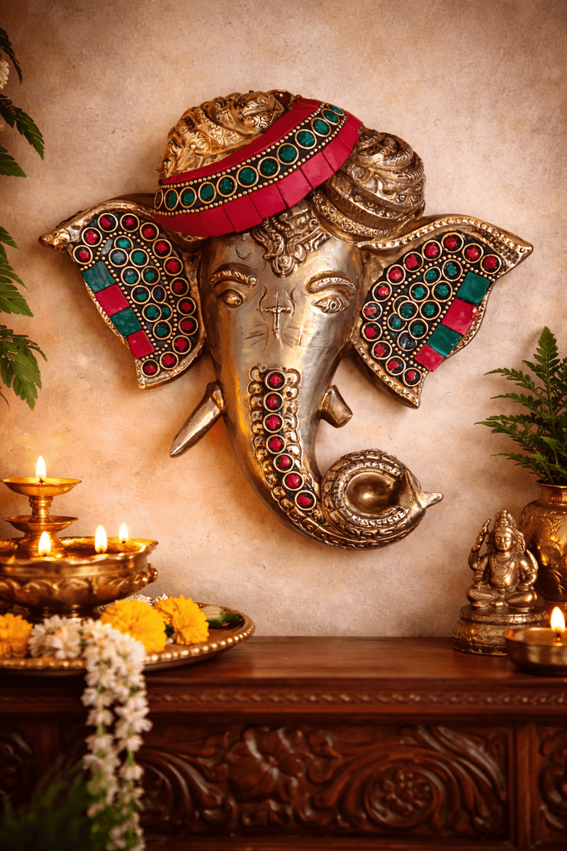 Ornate Brass Ganesha Wall Mask – A Fusion of Art, Color, and Divinity - Kanasu Artifacts