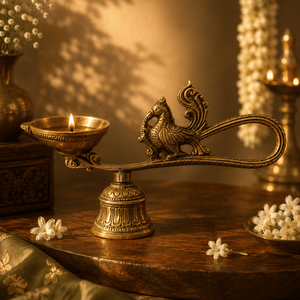 Pakshi Deepa - Handcrafted Brass Aarti Oil Lamp · Sacred Bird Figure · Loop Handle · Engraved Pedestal · Antique Gold - Kanasu Artifacts