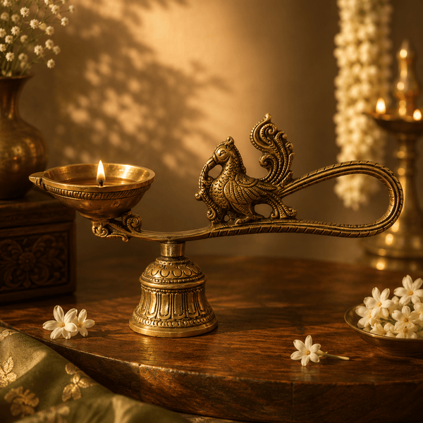 Pakshi Deepa - Handcrafted Brass Aarti Oil Lamp · Sacred Bird Figure · Loop Handle · Engraved Pedestal · Antique Gold - Kanasu Artifacts