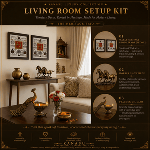 Smriti Sabha - The Heritage Living Room Edit · Warli Frames + Horses Showpiece + Peacock Oil Lamp · Set of 3 - Kanasu Artifacts