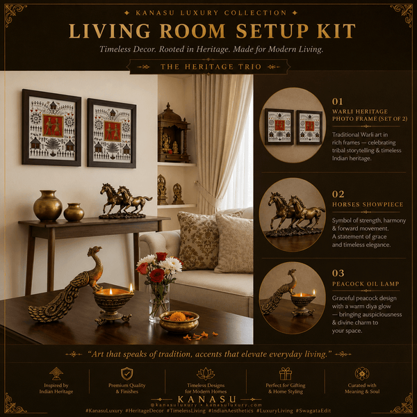 Smriti Sabha - The Heritage Living Room Edit · Warli Frames + Horses Showpiece + Peacock Oil Lamp · Set of 3 - Kanasu Artifacts